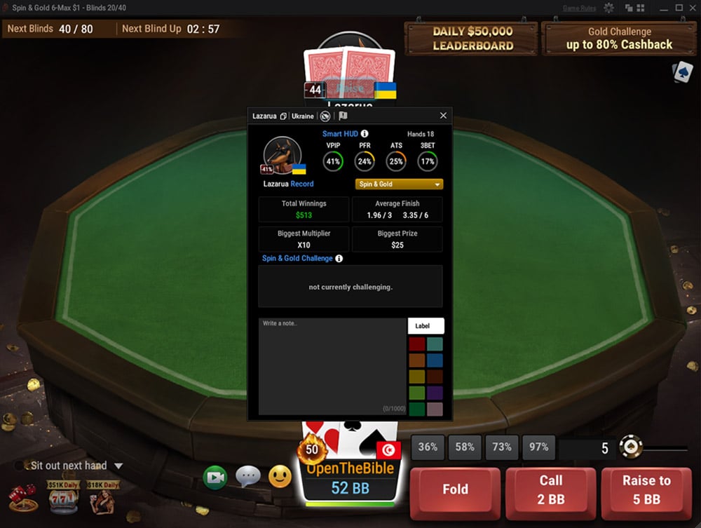 GGPoker Spin & Gold table and player HUD