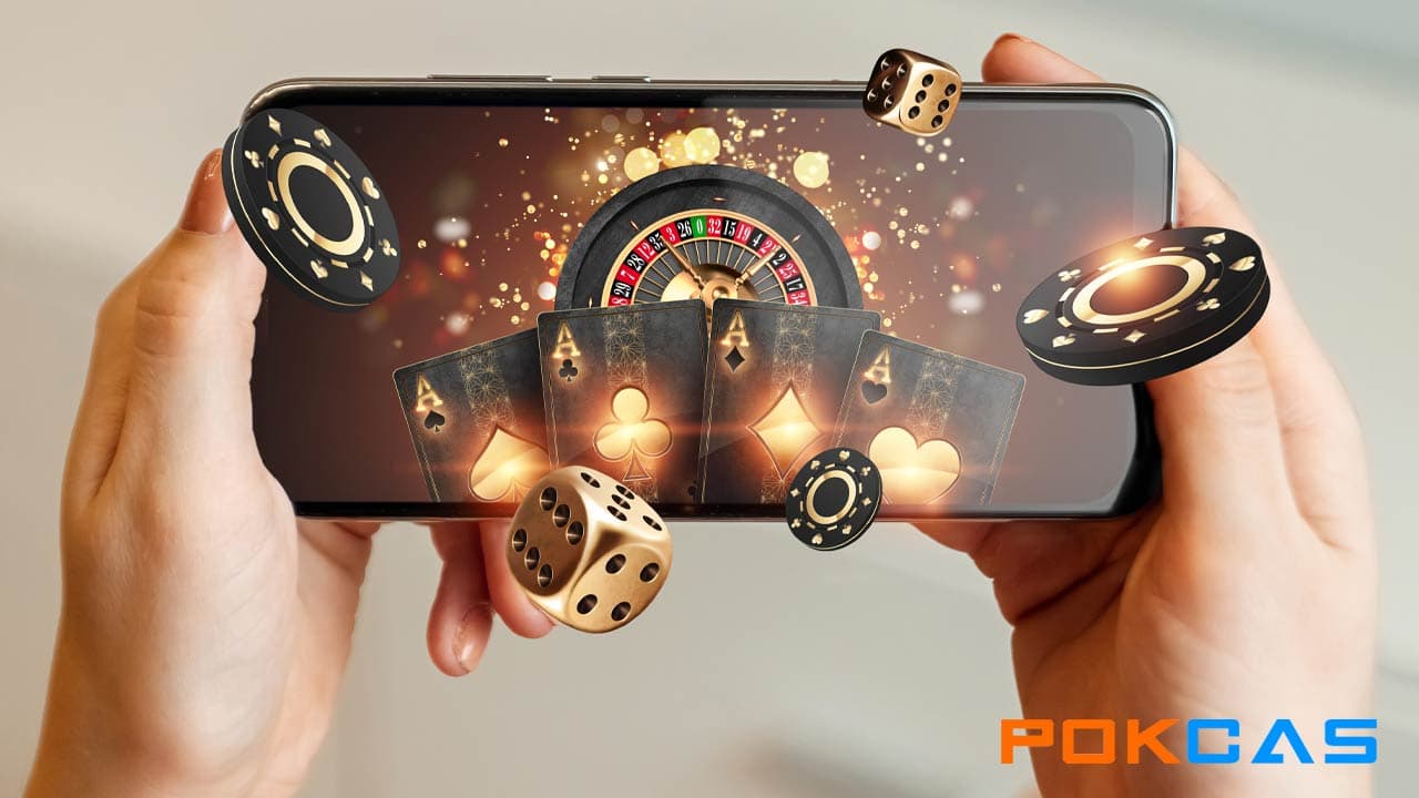 mobile casino game experience: roulette and cards on the screen, casino chips and dices floating in the air