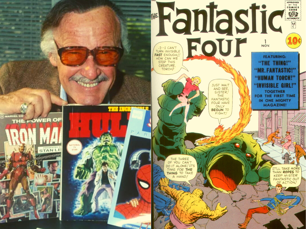 Stan Lee posing with his comics