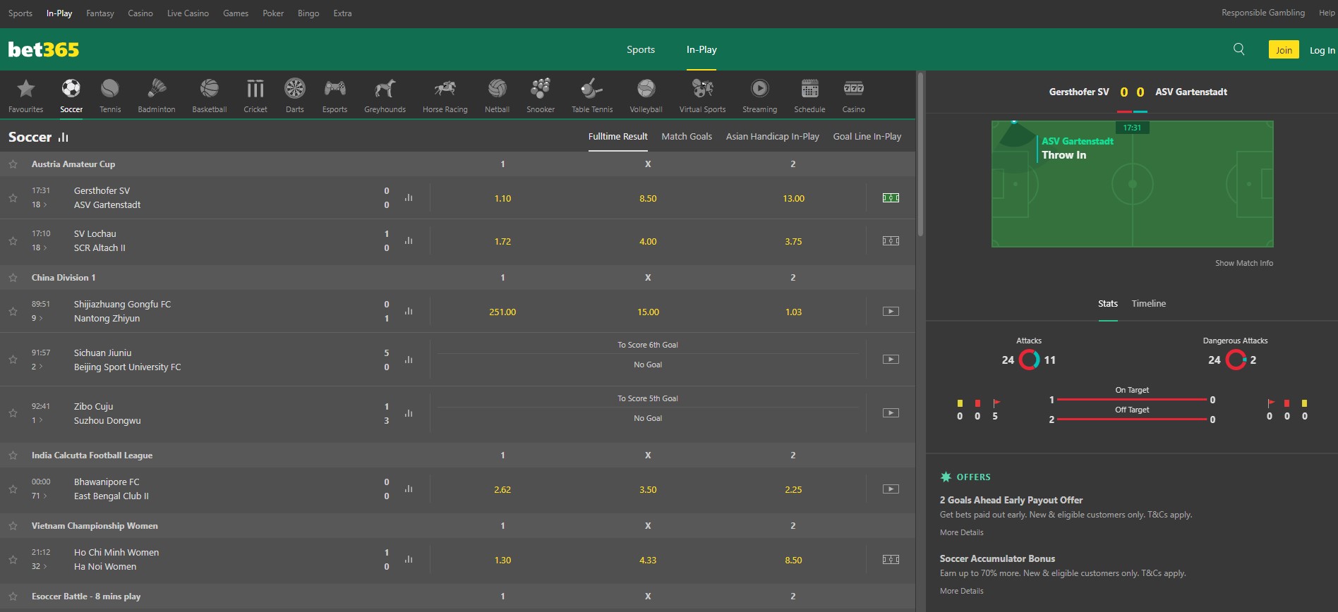 Bet365 sportsbook interface