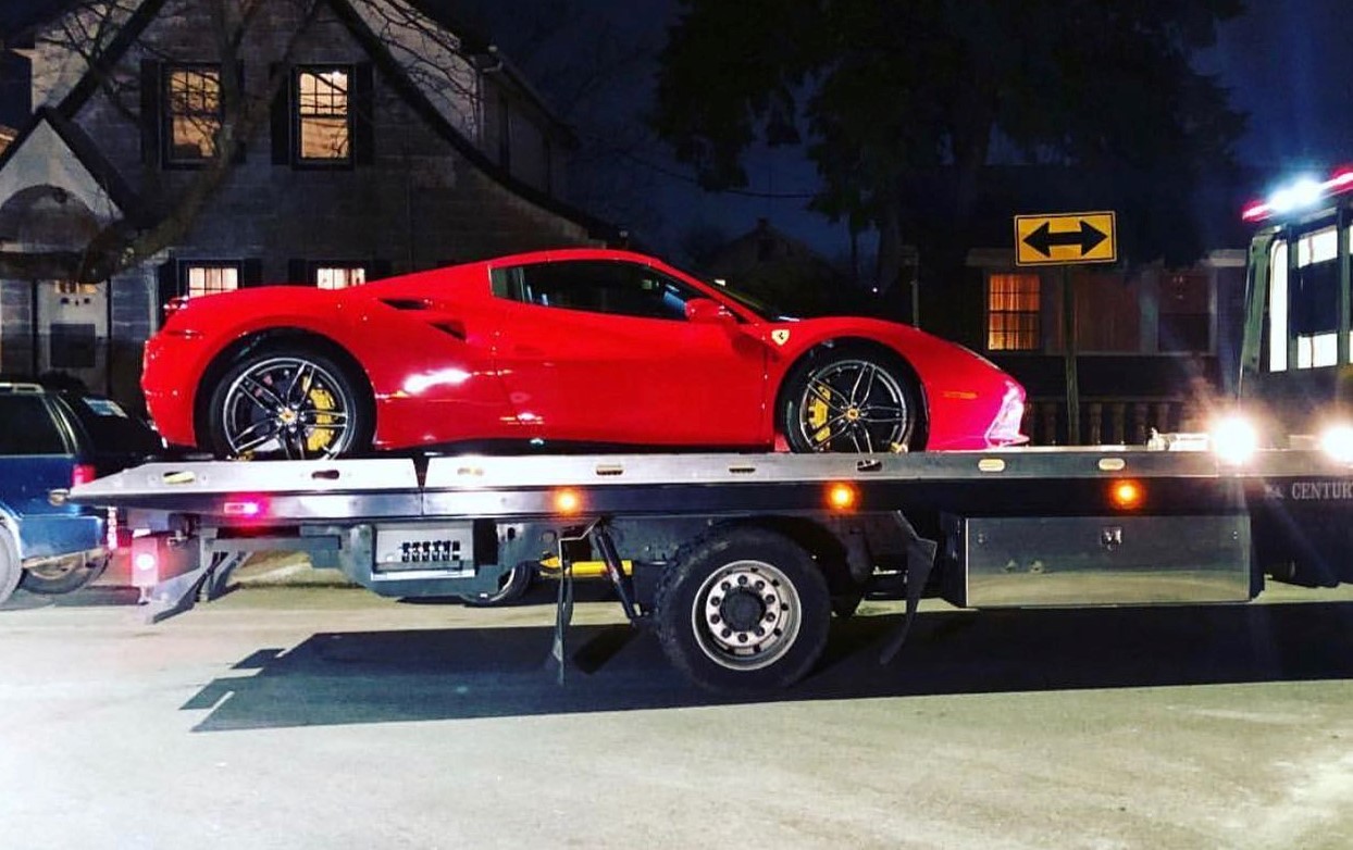 50 Cent's Ferrari 488 on breakdown truck