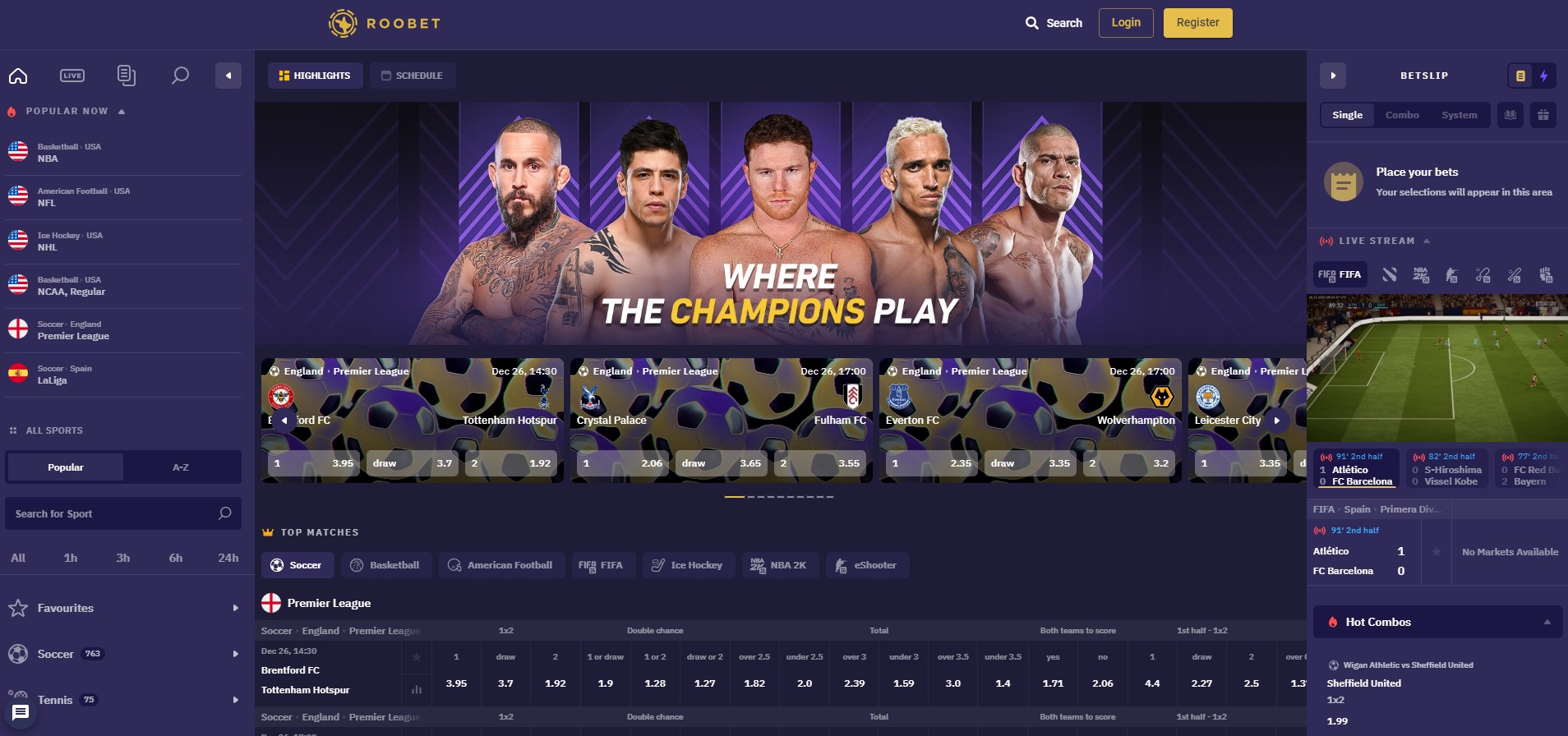 Roobet Sports betting page