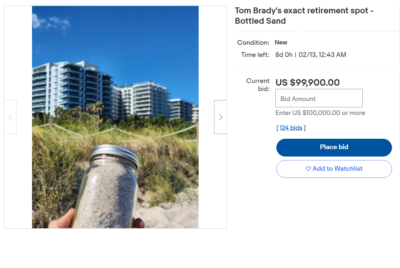 screenshot of ebay listing selling sand from the Miami beach spot that Tom Brady filmed his retirement video on