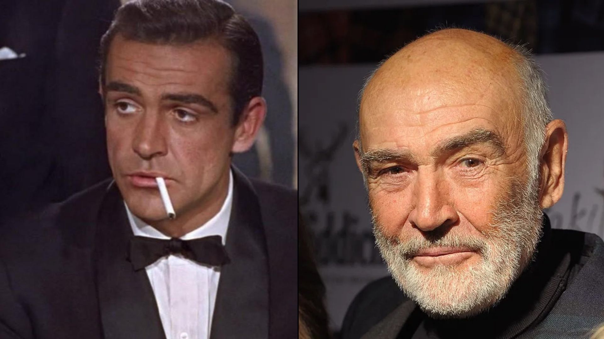 A collage of Sean Connery as James Bond (left) and in his old age (right)