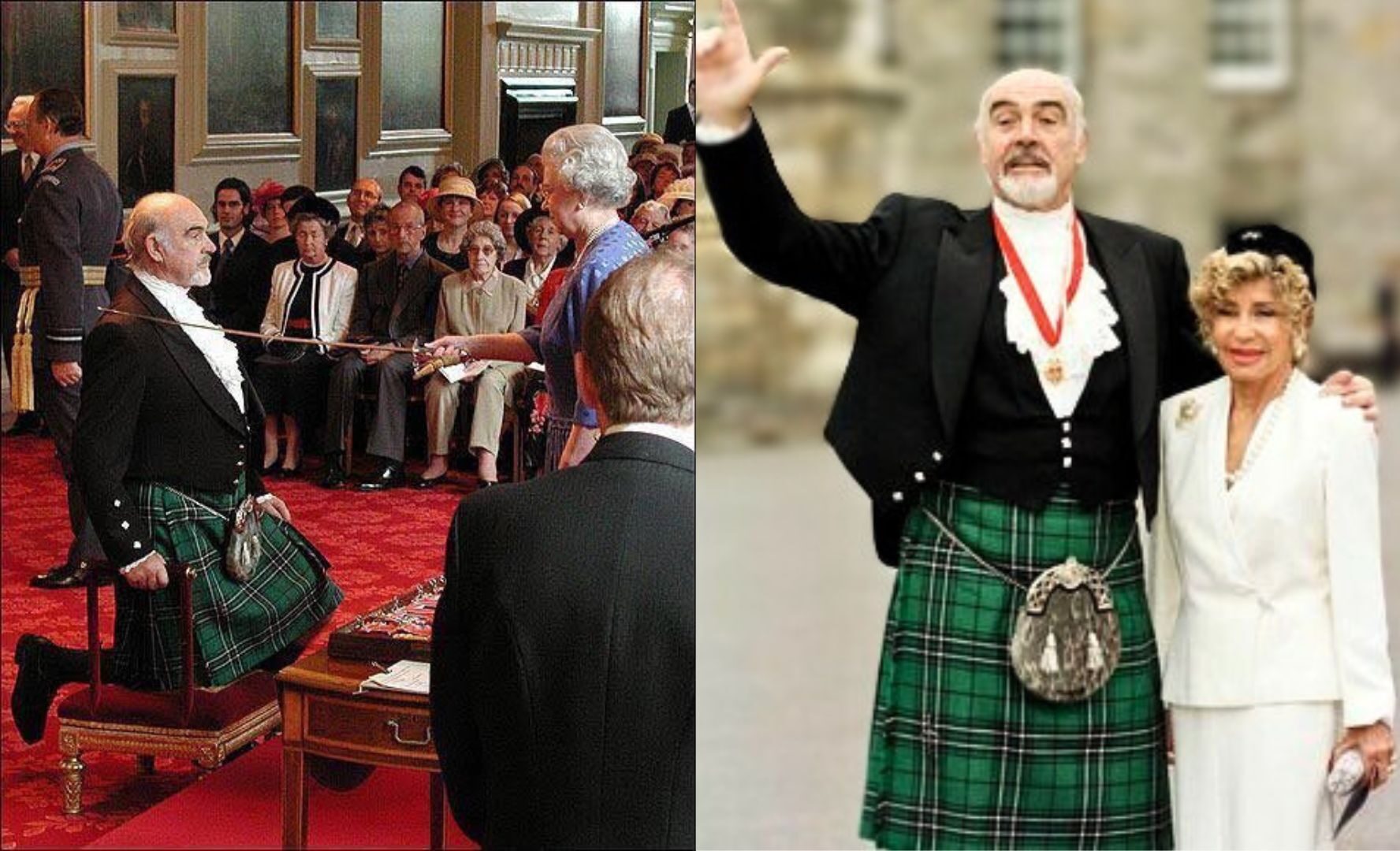 (left) sean connery being knighted by the Queen of England. (right) Sean connery waving to the cameras with his wife after his knighthood ceremony. 