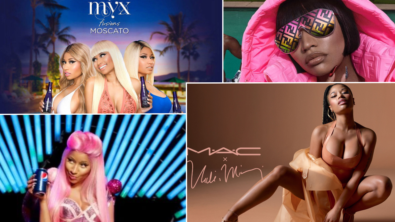 a collage of nicki minaj in advertisement campaigns of different brands with whom she has signed deals during her career.