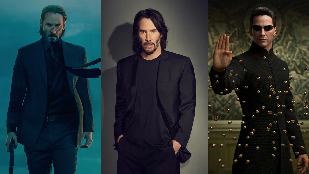 A collage of Keanu Reeves and his on screen characters Neo and John Wick from popular movie franchises