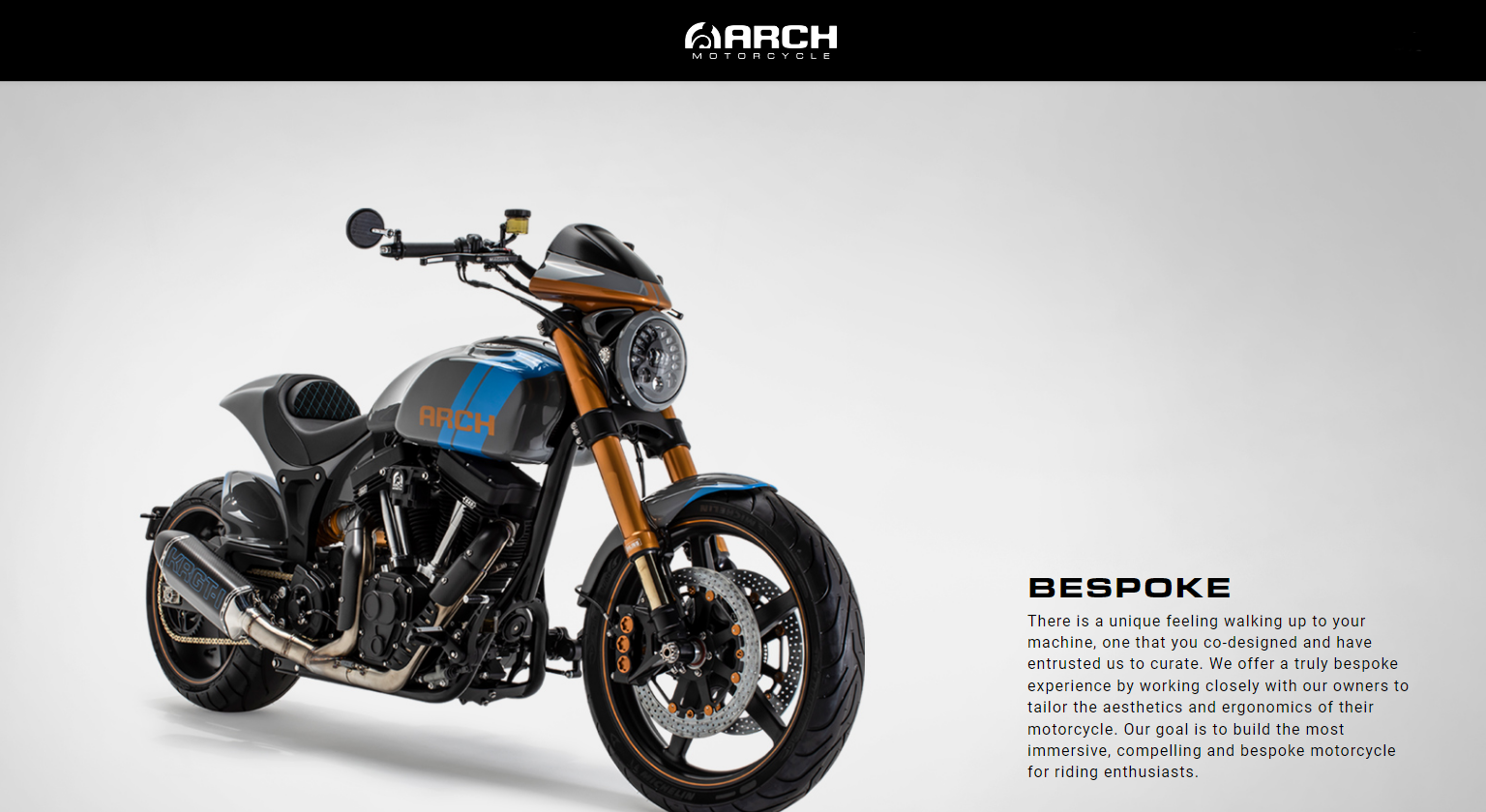 a screenshot of ARCH Motorcycle comapny websiite which is owned by Keanu Reeves