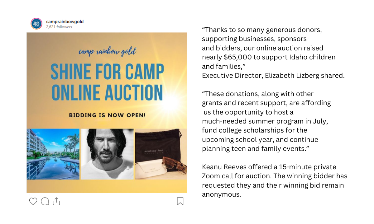 A screenshot of the camp rainbow gold instagram page and press release regarding the 2020 fundraiser for cancer-stricken children in which keanu reeves participated.