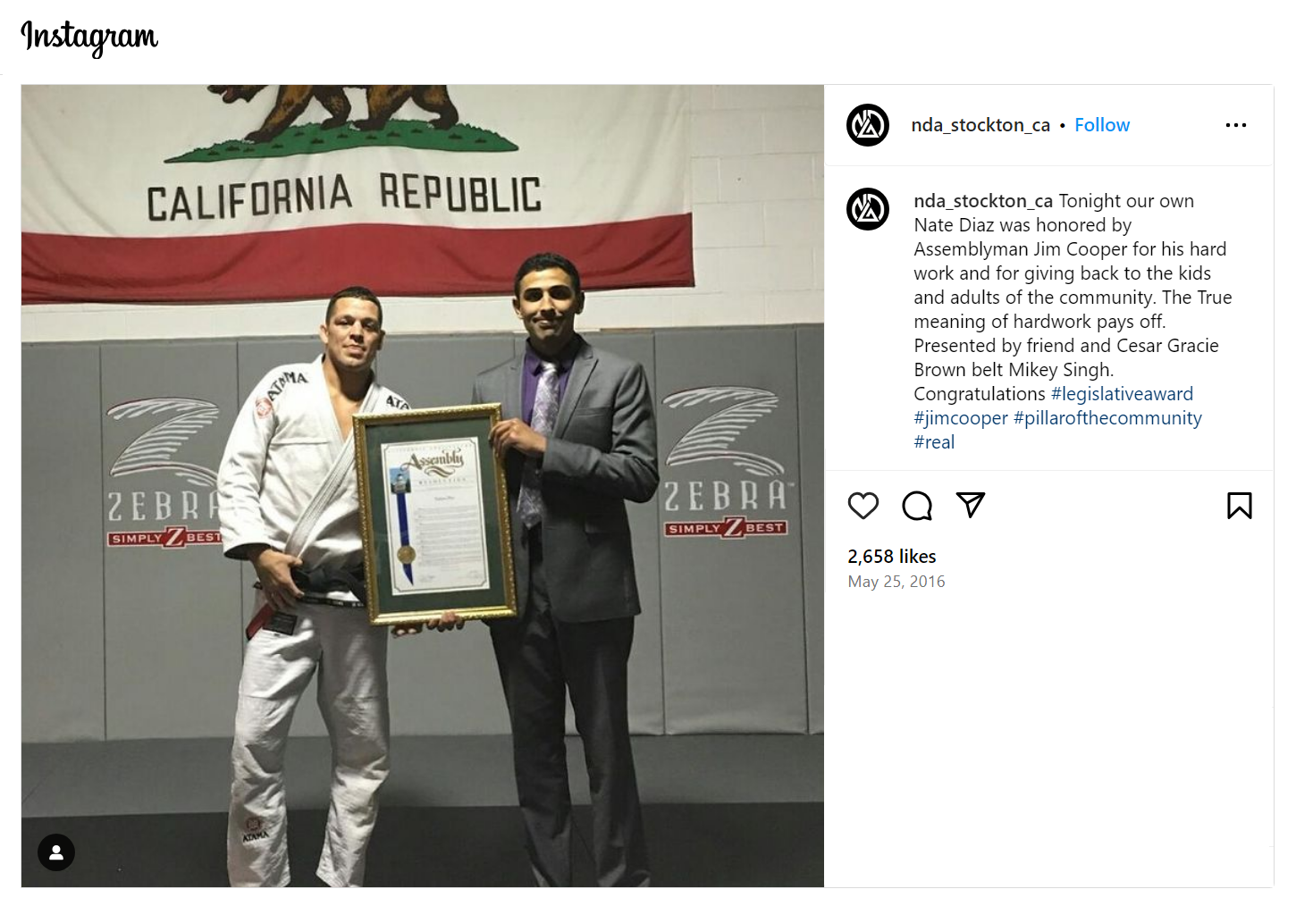 Nate Diaz was honored by Assemblyman Jim Cooper for his hard work and for giving back to the kids and adults of the community. 