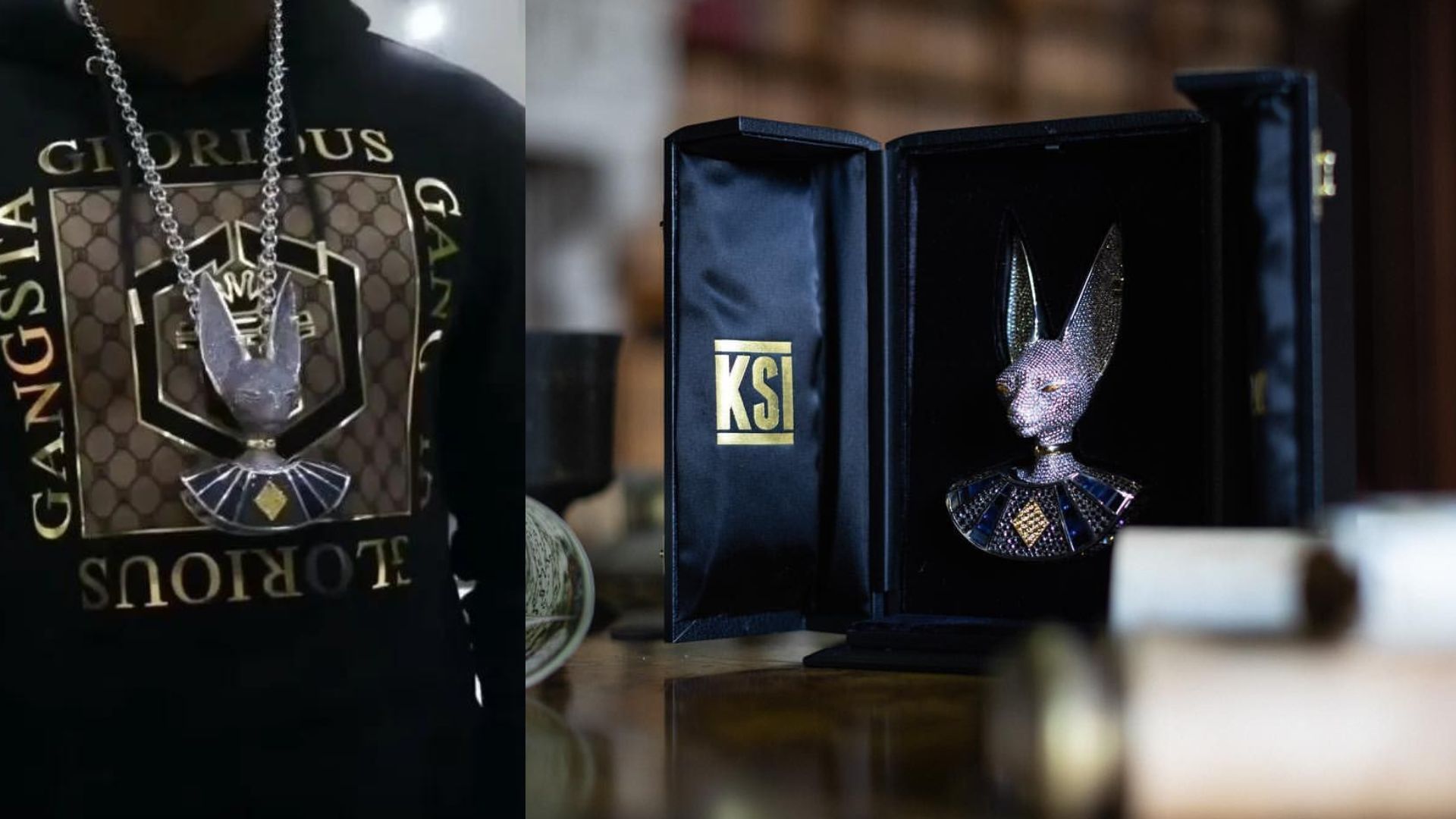 Collage of the Beerus diamond chain that KSI got custom made for himself